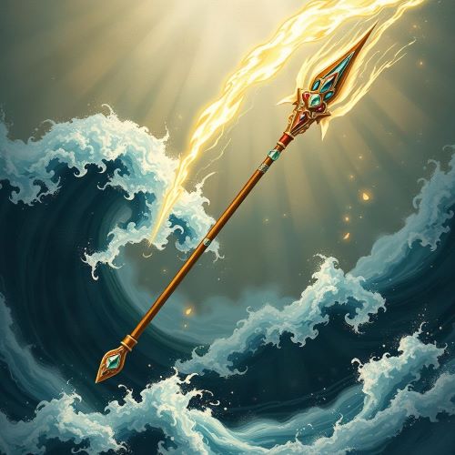 Ame-no-Nuhoko depicted in mythic art as a sacred heavenly weapon symbolizing creation and divine authority.