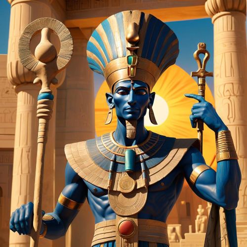 mage of Amun Ra in human form, wearing a double-plumed crown and holding an ankh and was scepter.