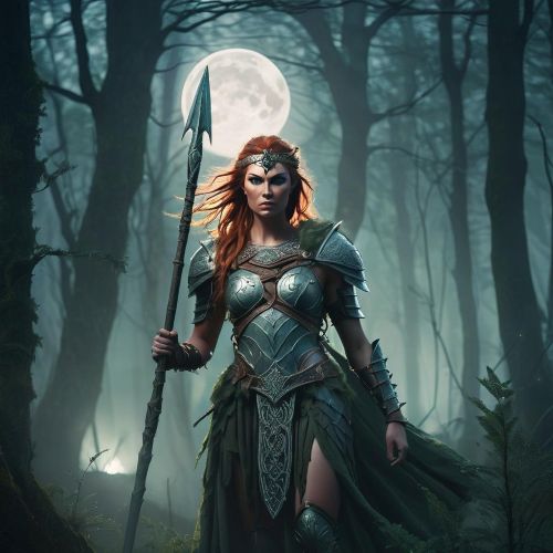 Andraste depicted as a fierce divine figure symbolizing victory, vengeance, and warrior strength