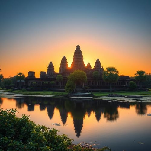 Angkor Wat depicted in detailed art as a majestic temple complex symbolizing spiritual heritage and architectural grandeur.
