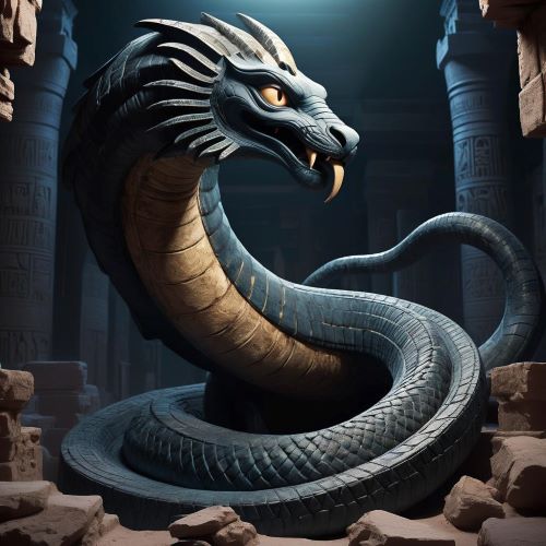 Apep depicted in dramatic art as a colossal serpent embodying chaos, darkness, and cosmic destruction.