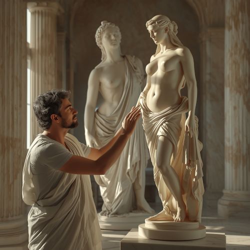 Aphrodite&rsquo;s Blessing to Pygmalion in his studio with the marble statue