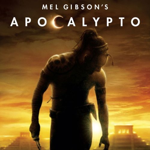 Cover image of Apocalypto (2006) featuring a Mayan warrior silhouetted against a dramatic sky.