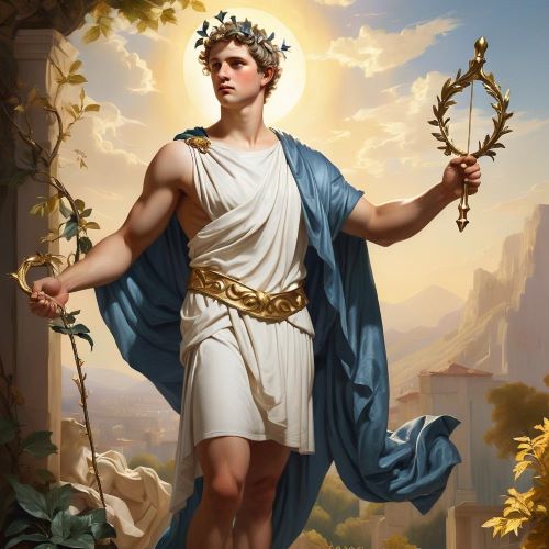 Drawing of Apollo, the radiant Greek god of music, prophecy, and the sun, depicted with a lyre and laurel crown.