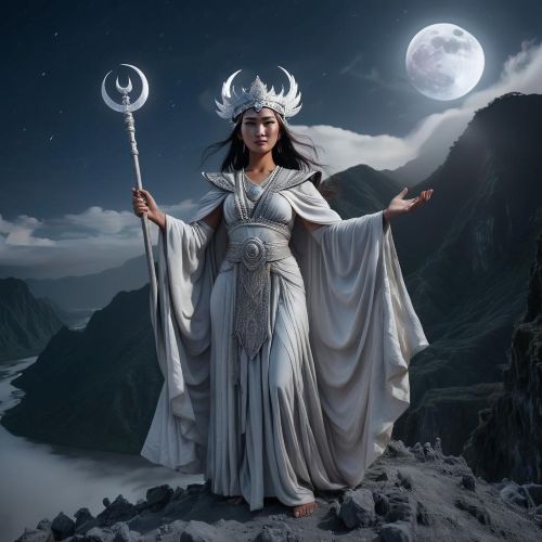 Graceful depiction of Apung Malyari bathed in moonlight, standing atop a mountain under a starlit sky.
