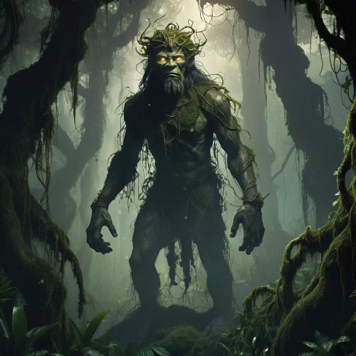 Powerful image of Arapayan emerging from dense forest, surrounded by vines and ancient trees.