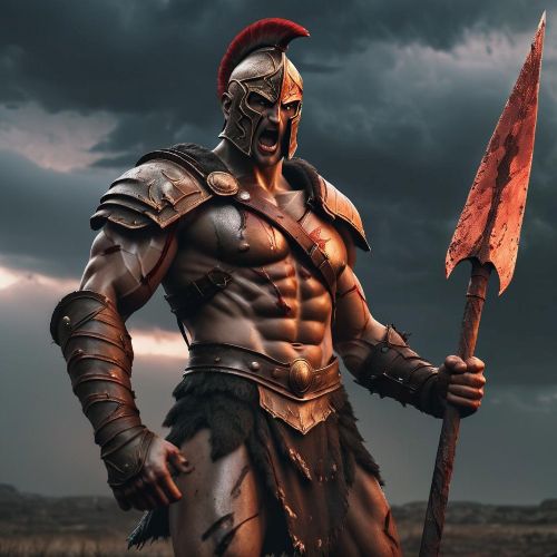 Ares, Greek god of war, standing in a battlefield at dusk