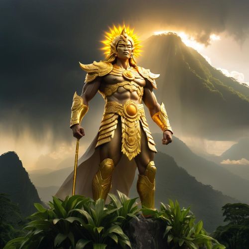 Mythical portrayal of Aring Sinukuan surrounded by blazing sun rays.