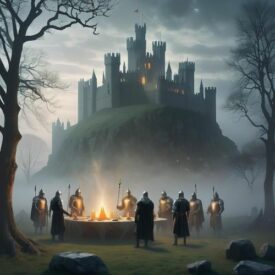 Mythlok - Arthurian_ An image inspired by Arthurian mythology, set in a foggy medieval landscape with a shining castle of Camelot in the distance.
