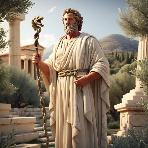 Asclepius depicted in mythic art as a serene healer holding the serpent staff, symbolizing medicine and renewal.