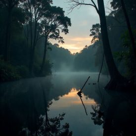 Mythlok - Asmat_ scene inspired by Asmat mythology: a sacred riverside forest in Papua at dusk, towering mangroves and mist rising over dark waters.