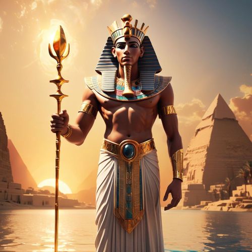 Atum, the Egyptian creator god, standing in regal pose with the Double Crown, holding a was-scepter