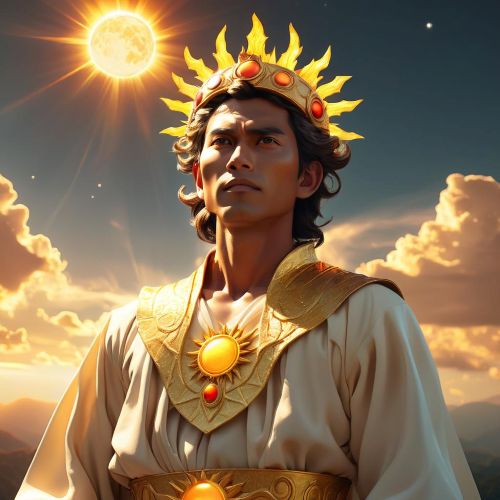 Depiction of Agueo, the Sun God, radiating light and celestial power.