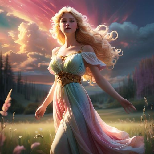 Aurora depicted in luminous art as a celestial goddess embodying light, dawn, and ethereal beauty.