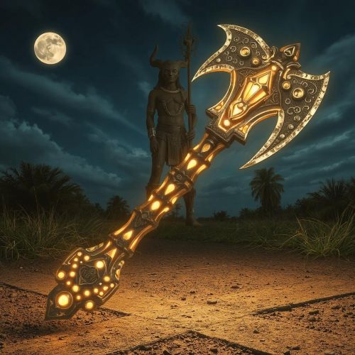 Legba depicted through his sacred axe as a powerful ritual symbol of crossroads, communication, and spiritual authority