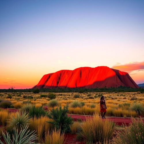 Ayers Rock depicted in vibrant art highlighting its majestic monolith presence and sacred natural significance.