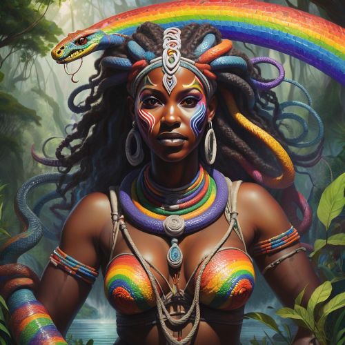 "Ayida Weddo, the Rainbow Serpent, depicted coiling with vibrant rainbow colors."