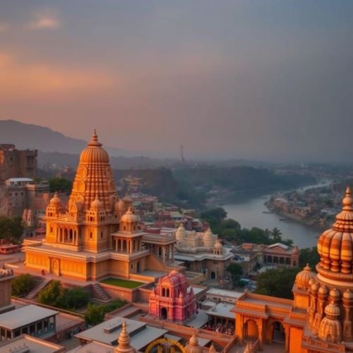 Ayodhya depicted in mythic art as a sacred ancient city symbolizing devotion, heritage, and divine legacy.