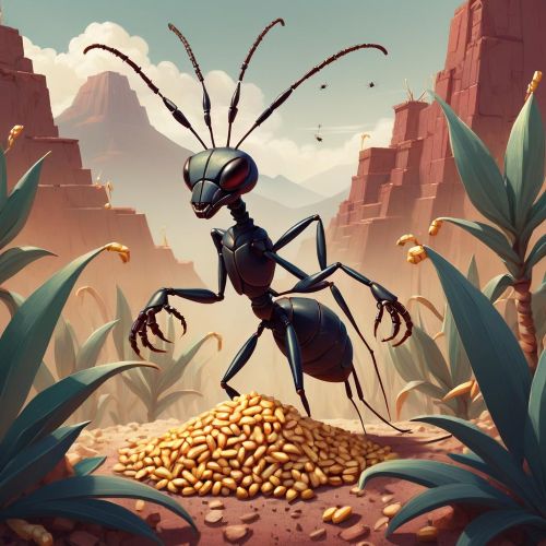 "Azcatl, the Giant Ant, depicted towering over with menacing mandibles."