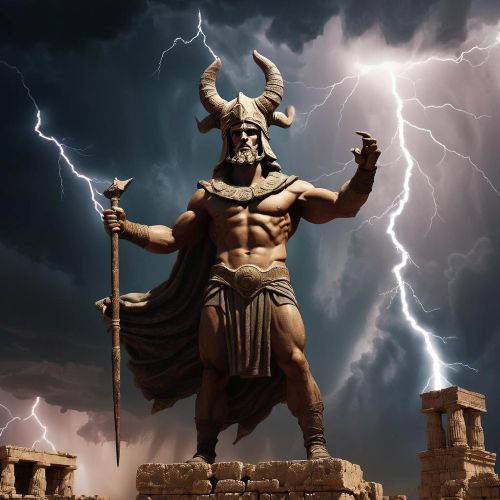 image of Baal, the Canaanite storm god, standing atop a thundercloud.
