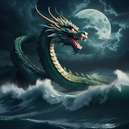Bakunawa depicted in dynamic art as a colossal sea dragon devouring the moon, symbolizing cosmic chaos and mythic power.