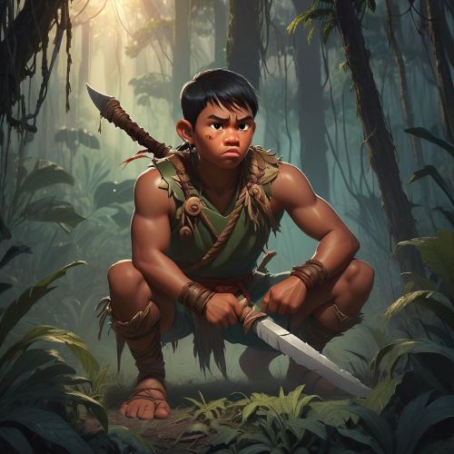 Illustration of Bantong, the epic hero, wielding a kampilan sword with a fierce gaze, ready for battle.
