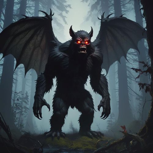 Batsquatch depicted in mythic art as a winged cryptid creature from Pacific Northwest folklore.