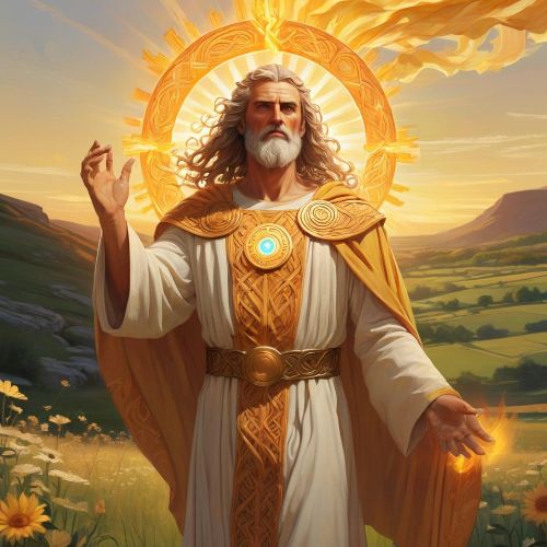 Belanus depicted in mythic art as a radiant god symbolizing healing, light, and renewal.