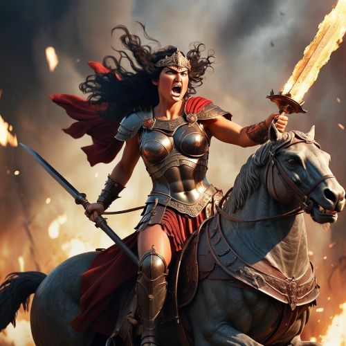 Bellona depicted as a fierce armored warrior figure embodying battle, power, and relentless martial spirit