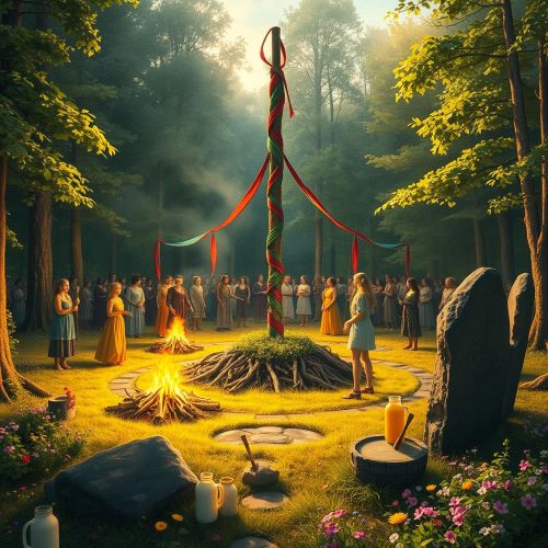 A vivid Beltane festival scene set in a lush Celtic forest clearing at sunrise. Twin bonfires blaze at the center, casting golden light across a circle of dancers weaving around a tall Maypole wrapped in red, green, blue, and yellow ribbons.