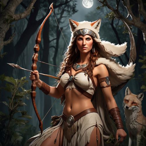 Bendis depicted in mythic art as a Thracian moon goddess symbolizing wilderness and night.