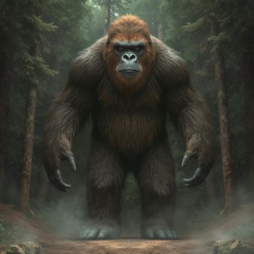 Bigfoot depicted as a massive, shadowy forest creature embodying mystery, wilderness, and enduring legend