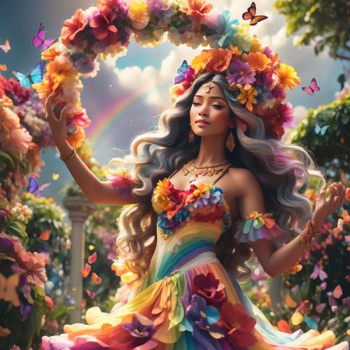 Image of Bighari, the Goddess of Flowers, surrounded by blooming petals and vines, with floral ornaments adorning her hair and attire.