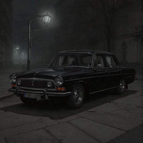 Black Volga depicted as a sinister black sedan symbolizing Soviet-era urban legends, fear, and mysterious deaths.