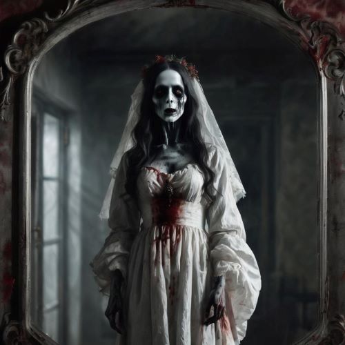 Bloody Mary depicted in mythic art as a haunting female spirit symbolizing fear, vengeance, and the supernatural.