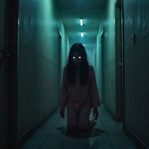 the Bongcheon-Dong Ghost, in dirty pink pajamas with twisted limbs and bloodied face crawling unnaturally