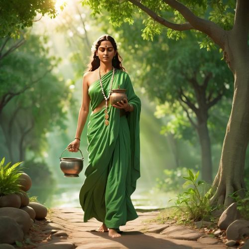 Goddess Brahmacharini walking barefoot, holding a rosary and water pot, dressed in green robes