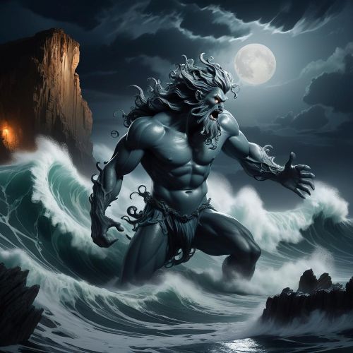a dramatic coastal scene featuring a single mythological sea-spirit known as Bucca