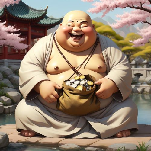 The famous laughing buddha of China, Budai sitting with a bag of coins