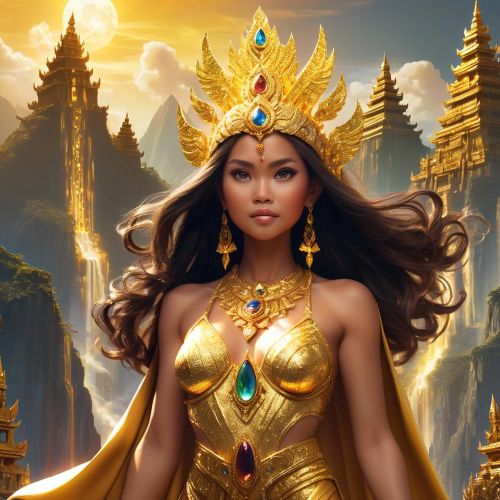 Artistic depiction of Burigadang Pada Sinaklang Bulawan, the goddess of greed in Philippine mythology, surrounded by golden treasures.