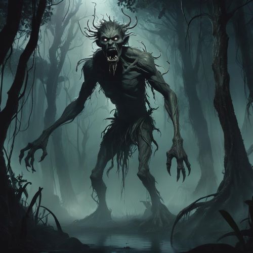 Busaw depicted in dark mythic art as a fearsome flesh-eating spirit haunting graveyards and night forests.