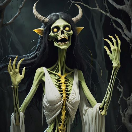 Bushyasta depicted in mythic art as a dark figure symbolizing laziness, decay, and spiritual inertia.