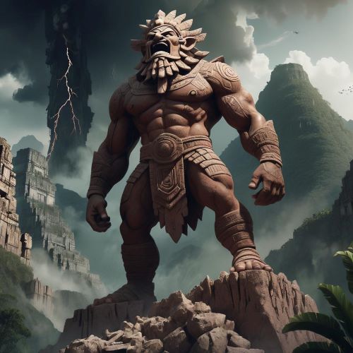 Cabrakan depicted in dynamic art as a fierce earthquake deity symbolizing destruction and raw volcanic power.