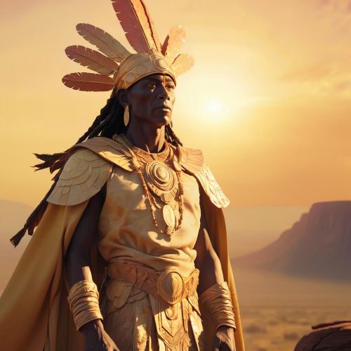 Caddi Ayo, the Sky Chief of Caddo mythology, standing against a backdrop of a golden sunrise over a vast plain, cloaked in shimmering light