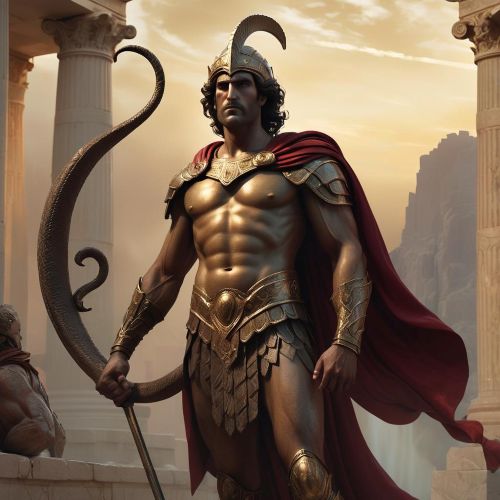 Cadmus, the Phoenician prince and founder of Thebes, depicted in classical Greek style, standing alone in a dramatic pose after slaying a giant serpent.