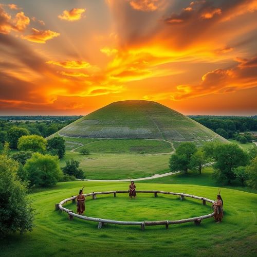 Cahokia Mounds shown in stylized art as ancient earthen pyramids symbolizing indigenous civilization and sacred space.