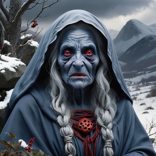 Cailleach depicted in mythic art as a powerful crone goddess symbolizing winter, creation, and transformation.