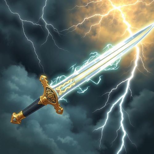 Caladbolg depicted in mythic art as a legendary weapon symbolizing immense power and heroic fate.