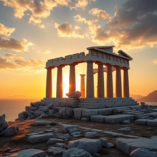 Cape Sounion depicted as a dramatic coastal headland crowned by ancient ruins, symbolizing myth, sea, and timeless grandeur
