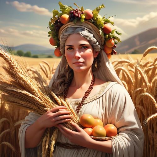 Ceres depicted in classical art as the nurturing goddess of agriculture and fertility, surrounded by grain and harvest symbols.